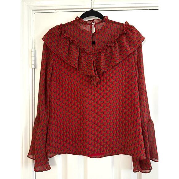 WAYF Eryn Ruffle Bell Sleeve Blouse Red Pattern Print Shirt Top - Sz XS - Picture 4 of 6